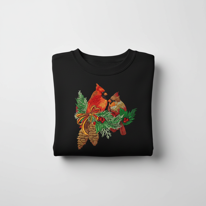 Cardinal Pair with Pinecones — Premium Embroidered Collection | Hoodie • Sweatshirt • Jute Tote | Original EmbroMania Design