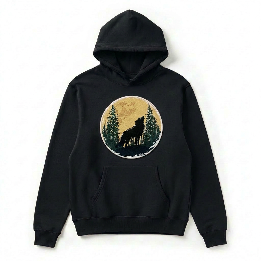 Mystic Forest Wolf Machine Embroidered Hoodie – Hand Finished in Dubai | EmbroMania