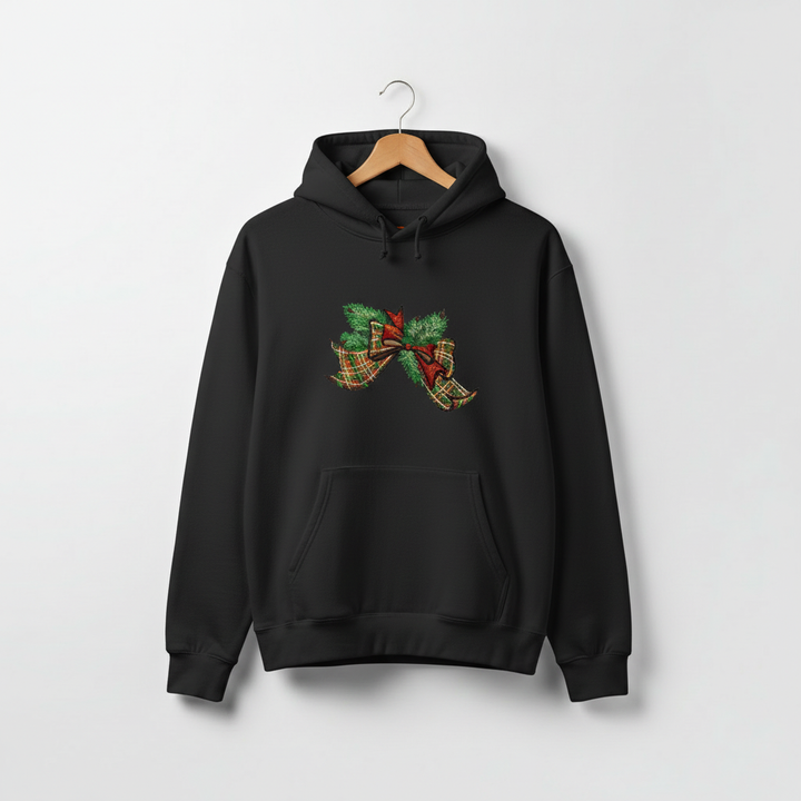 Tartan Ribbon &amp; Evergreen Bow — Premium Embroidered Collection | Hoodie • Sweatshirt • Jute Tote | Original EmbroMania Design