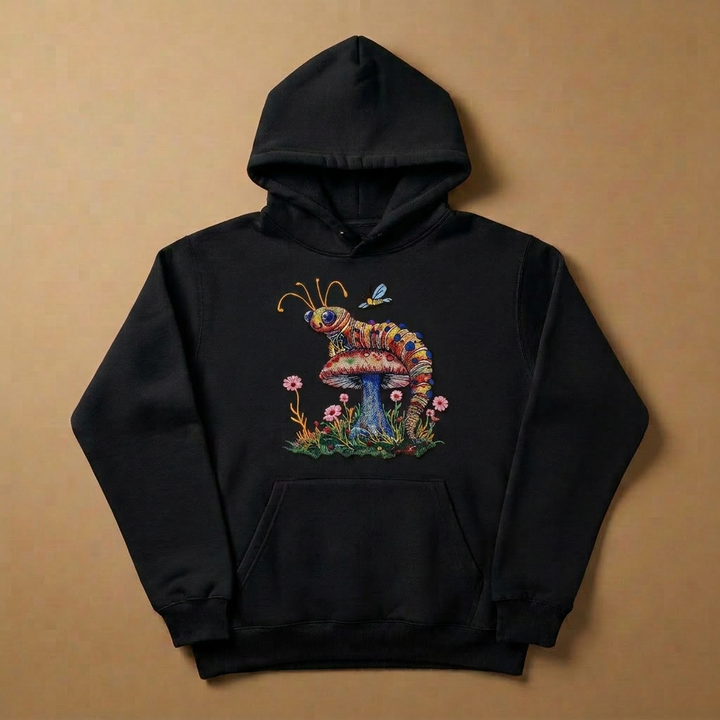 Floral Caterpillar Machine Embroidered Hoodie – Hand Finished in Dubai | EmbroMania