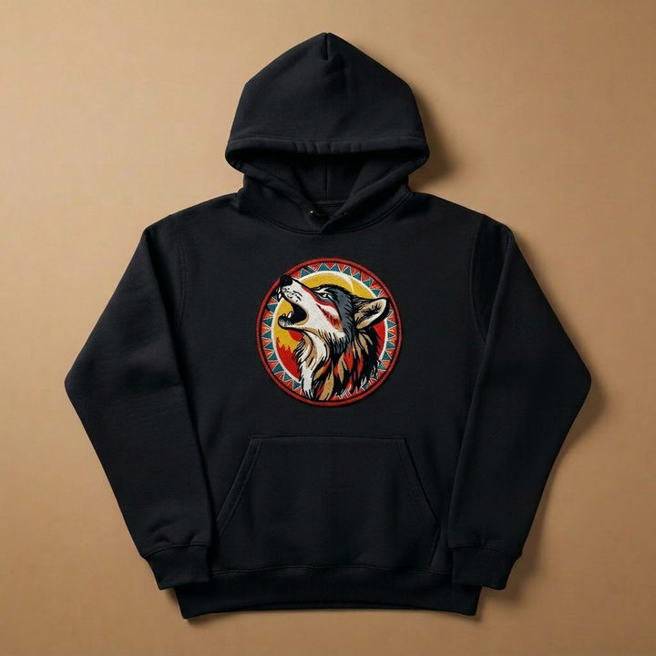 Howling Moon Wolf Machine Embroidered Hoodie – Hand Finished in Dubai | EmbroMania
