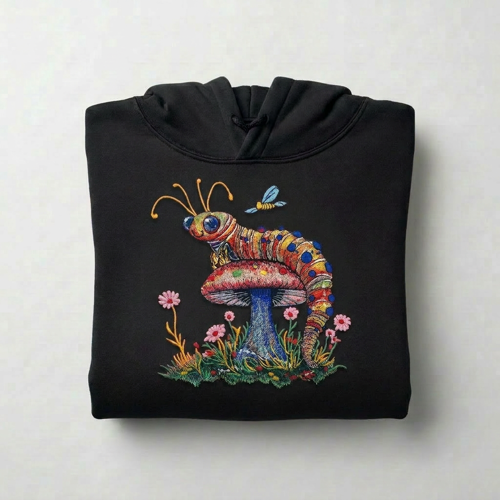 Floral Caterpillar Machine Embroidered Hoodie – Hand Finished in Dubai | EmbroMania