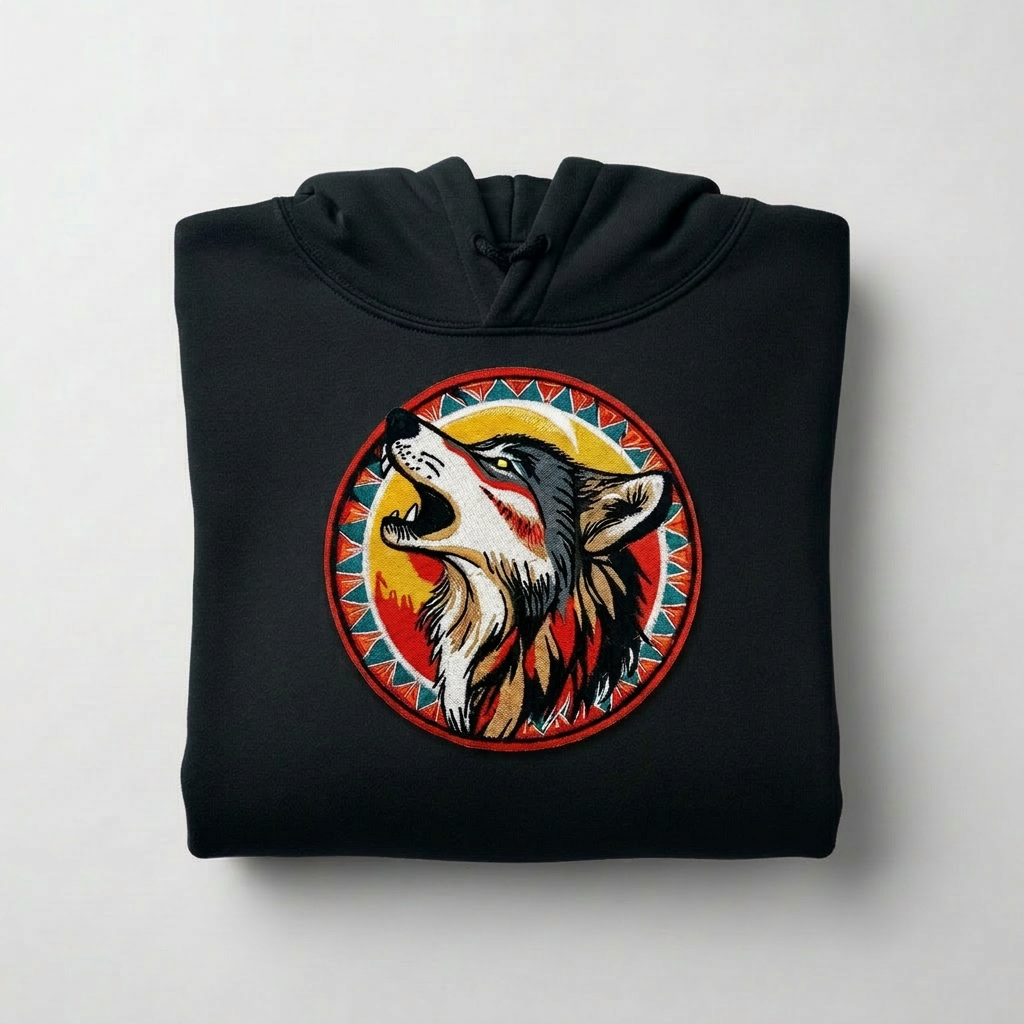 Howling Moon Wolf Machine Embroidered Hoodie – Hand Finished in Dubai | EmbroMania