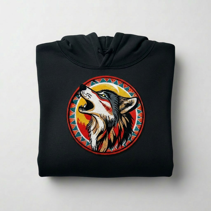 Howling Moon Wolf Machine Embroidered Hoodie – Hand Finished in Dubai | EmbroMania