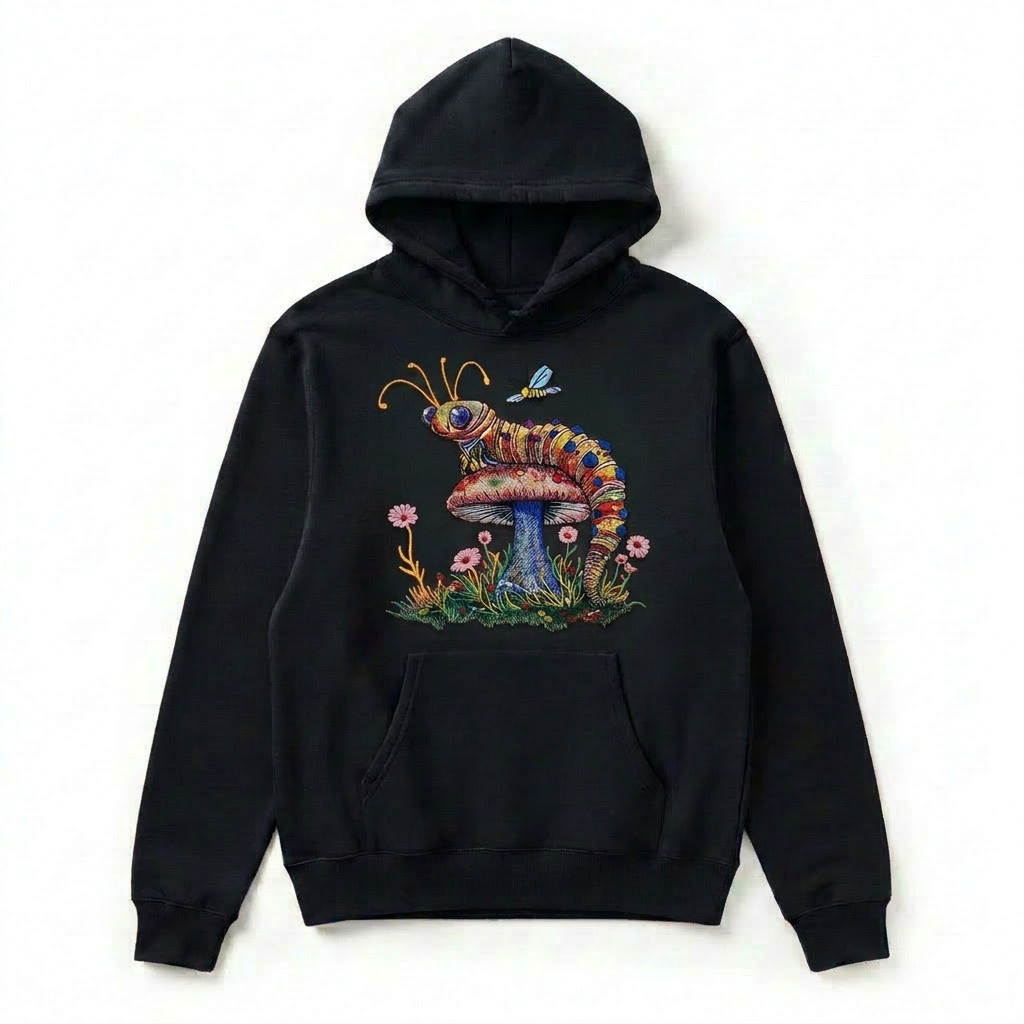 Floral Caterpillar Machine Embroidered Hoodie – Hand Finished in Dubai | EmbroMania