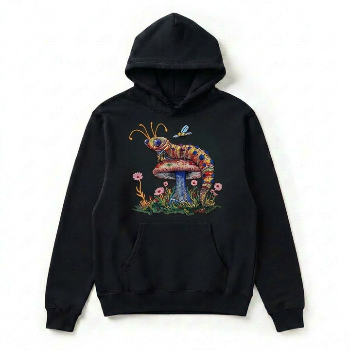 Floral Caterpillar Machine Embroidered Hoodie – Hand Finished in Dubai | EmbroMania