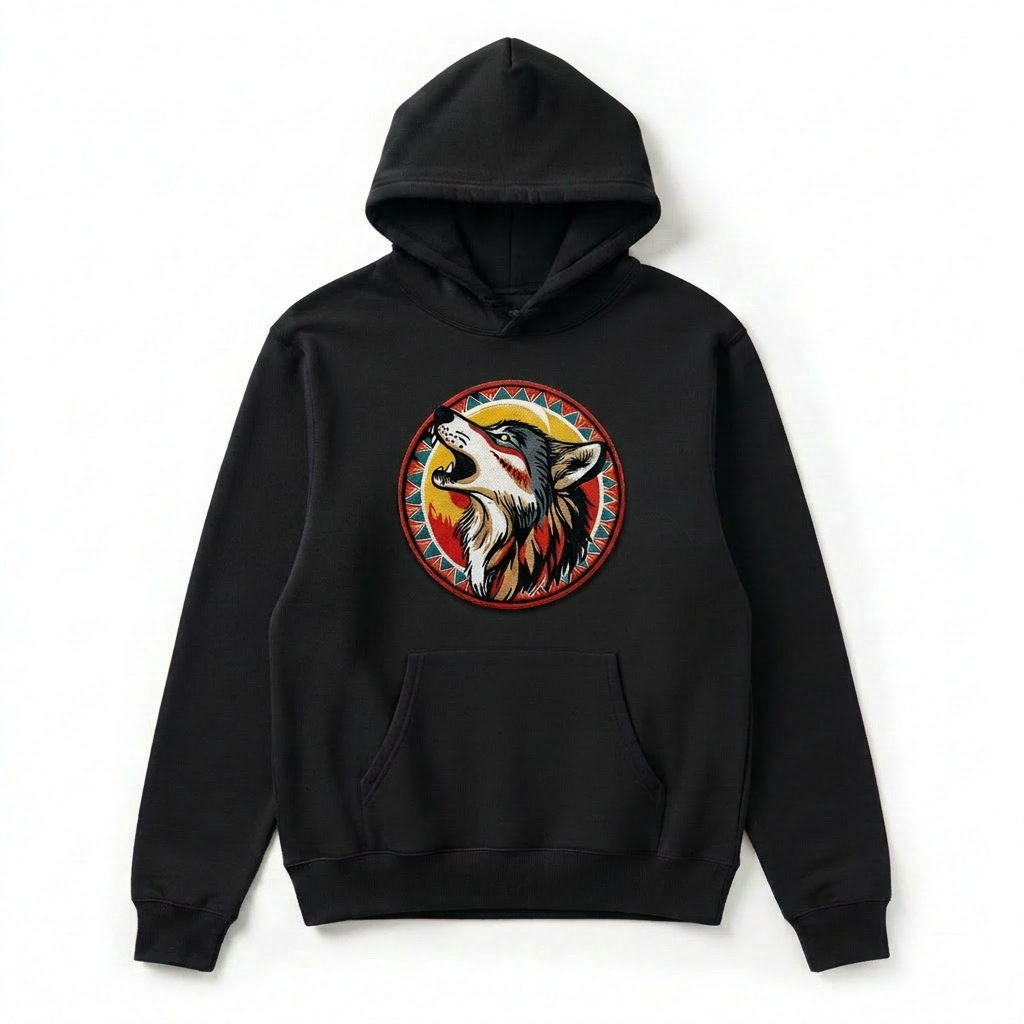 Howling Moon Wolf Machine Embroidered Hoodie – Hand Finished in Dubai | EmbroMania