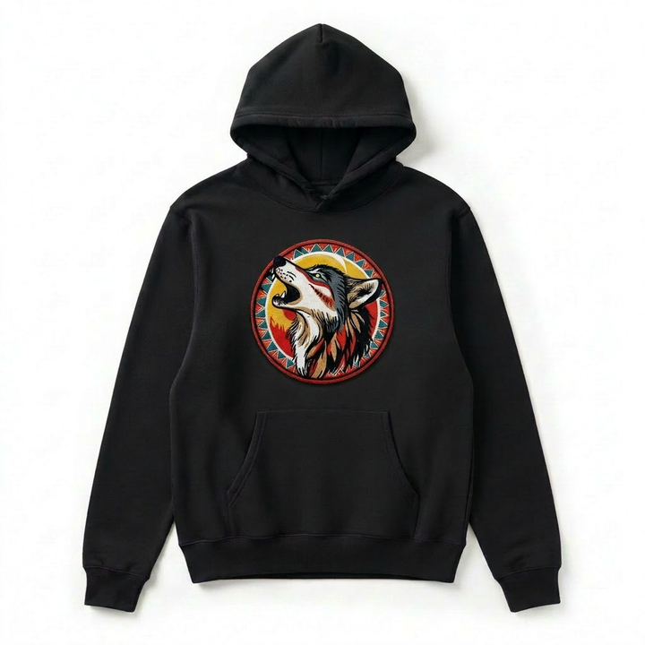 Howling Moon Wolf Machine Embroidered Hoodie – Hand Finished in Dubai | EmbroMania