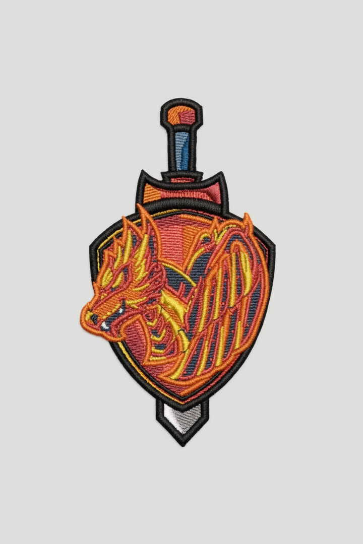 Embroidered dragon heart crest patch featuring a fiery orange and red dragon head inside a shield with a vertical sword behind it, stitched with bold black outline and flame details on a light background, original EmbroMania artwork.