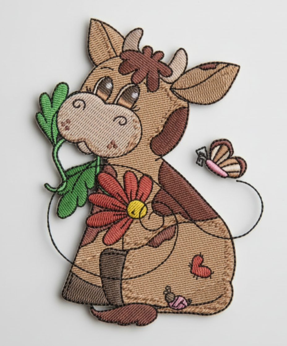 Embroidered design of a cow holding flowers and a butterfly on a white background