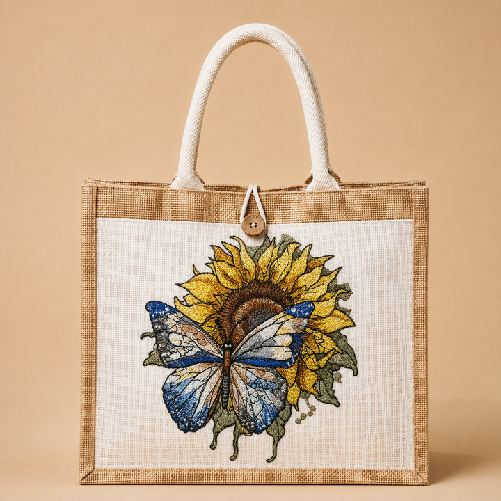 Jute bag with a butterfly and sunflower design on a beige background