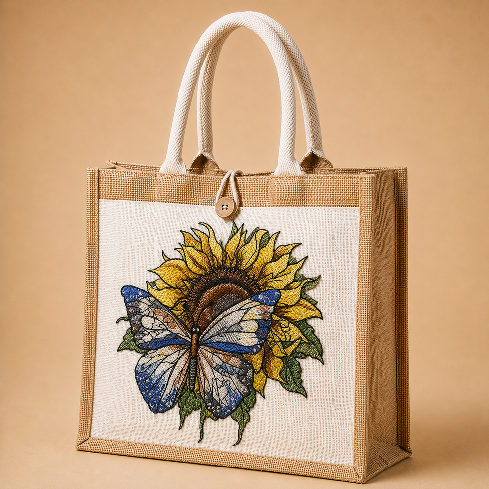 Jute bag with embroidered sunflower and butterfly design on a beige background