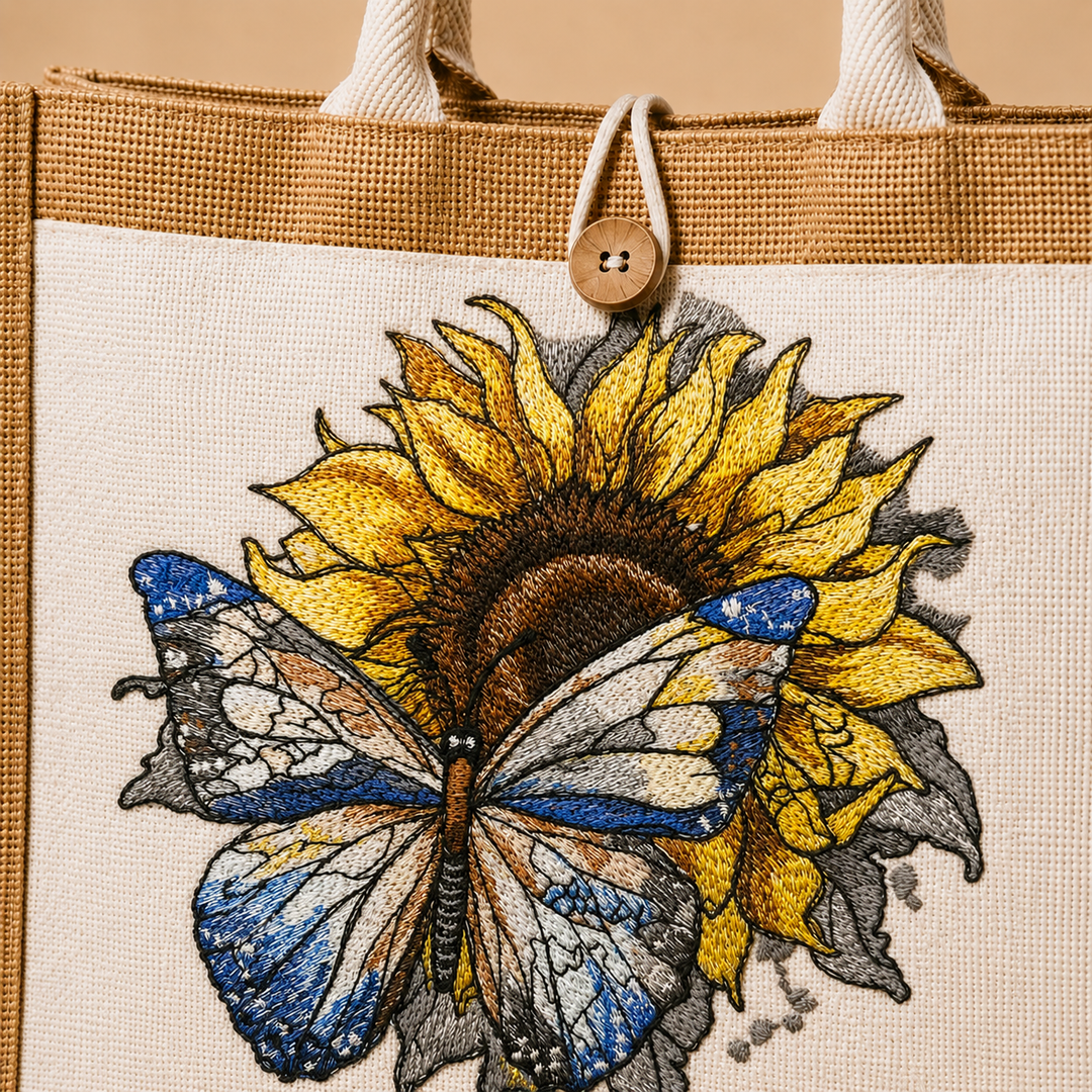 Tote bag with embroidered sunflower and butterfly design on a beige background