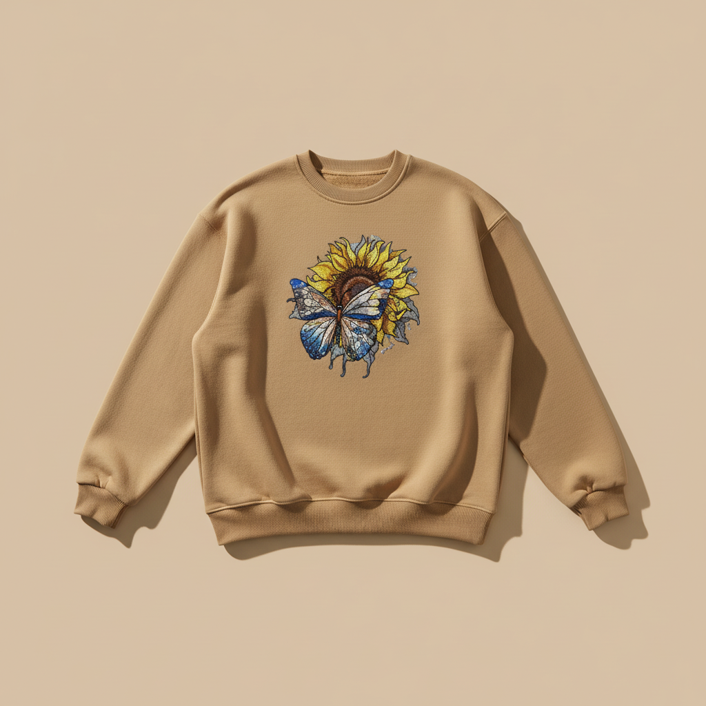 Radiant Nature Blue Butterfly Sunflower — Premium Embroidered Sweatshirt | Original EmbroMania Design