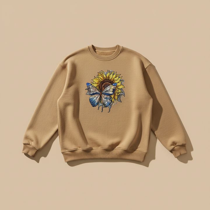 Radiant Nature Blue Butterfly Sunflower — Premium Embroidered Sweatshirt | Original EmbroMania Design