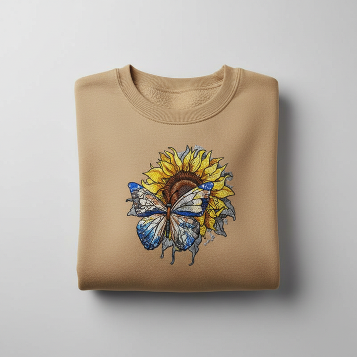 Radiant Nature Blue Butterfly Sunflower — Premium Embroidered Sweatshirt | Original EmbroMania Design