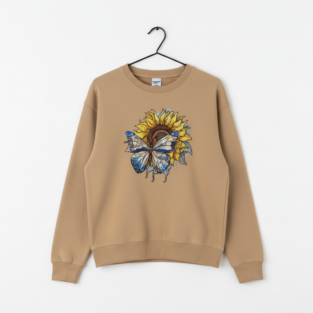 Radiant Nature Blue Butterfly Sunflower — Premium Embroidered Sweatshirt | Original EmbroMania Design