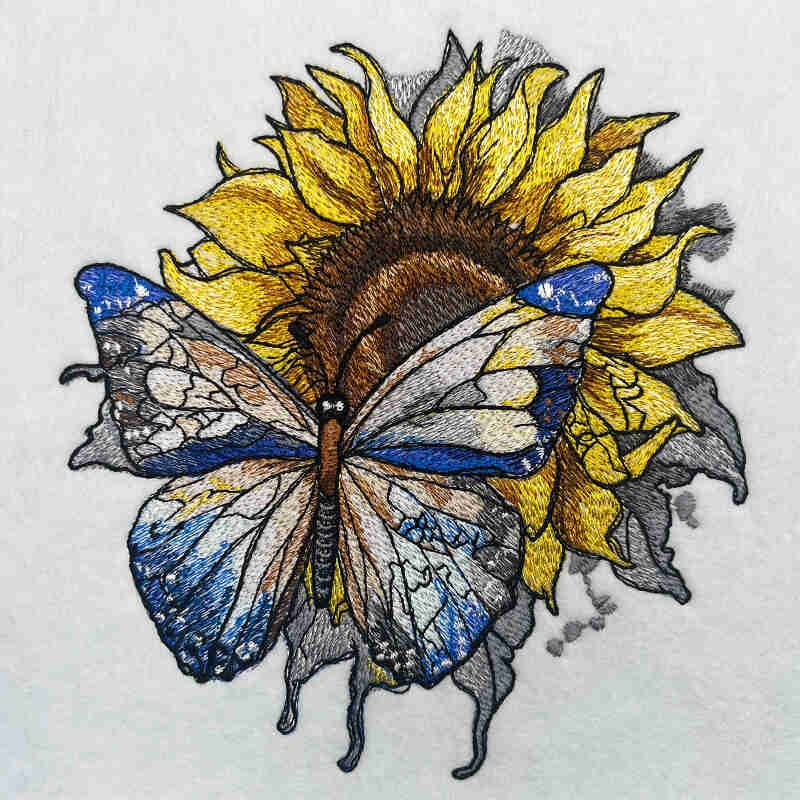 Blue Butterfly & Sunflower Embroidery – Radiant Nature 