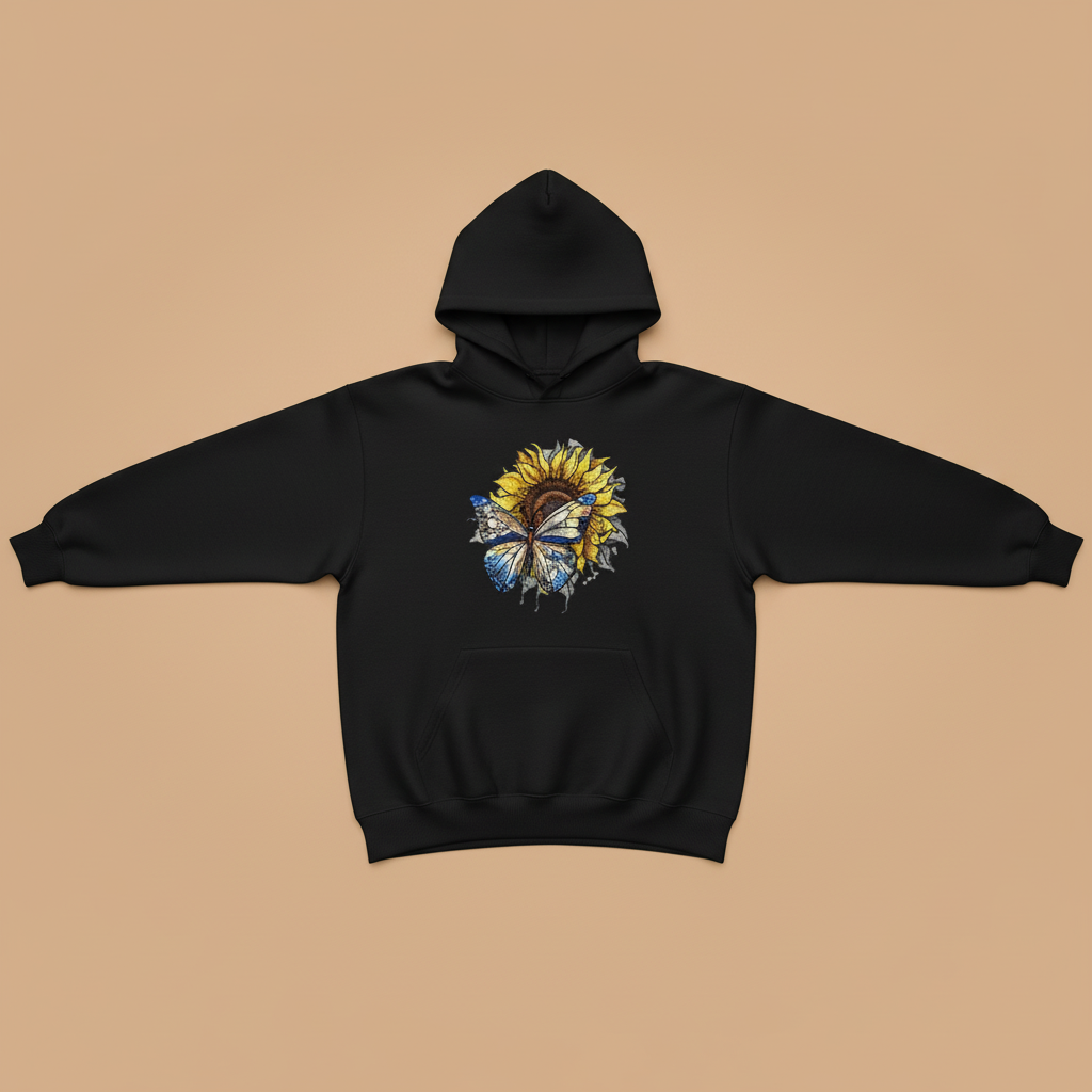 Blue Butterfly &amp; Sunflower — Premium Embroidered Hoodie | Original EmbroMania Design