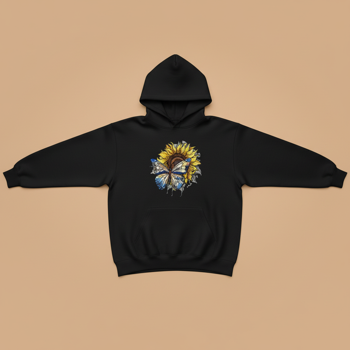 Blue Butterfly &amp; Sunflower — Premium Embroidered Hoodie | Original EmbroMania Design