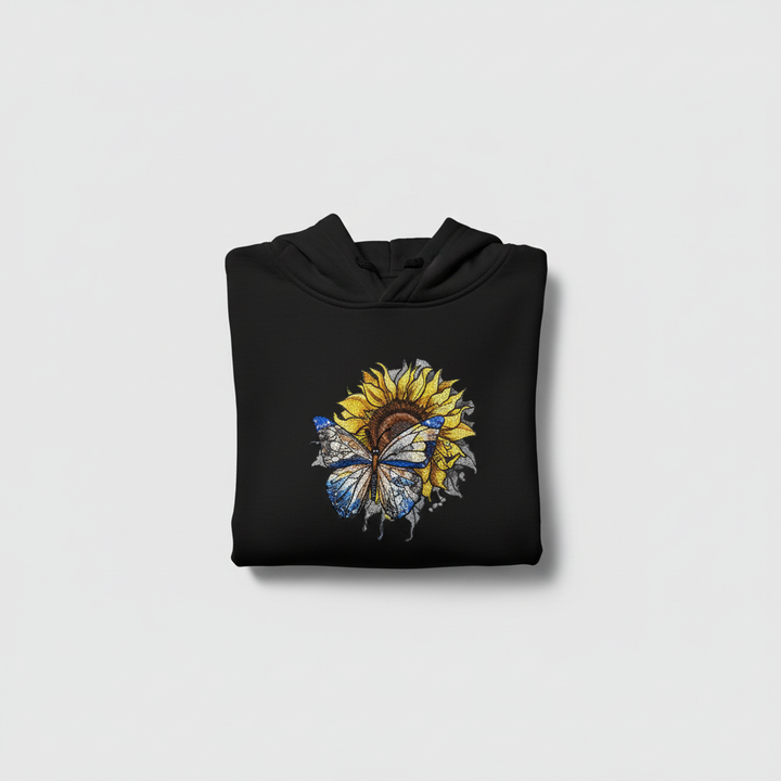 Blue Butterfly &amp; Sunflower — Premium Embroidered Hoodie | Original EmbroMania Design