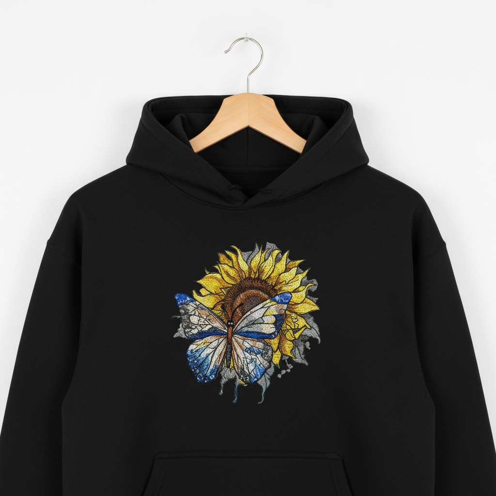 Blue Butterfly &amp; Sunflower — Premium Embroidered Hoodie | Original EmbroMania Design