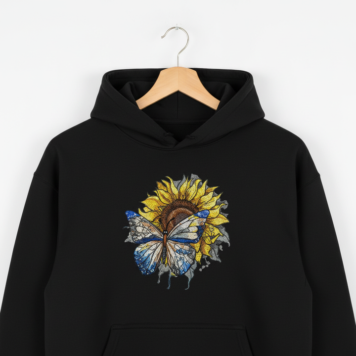 Blue Butterfly &amp; Sunflower — Premium Embroidered Hoodie | Original EmbroMania Design