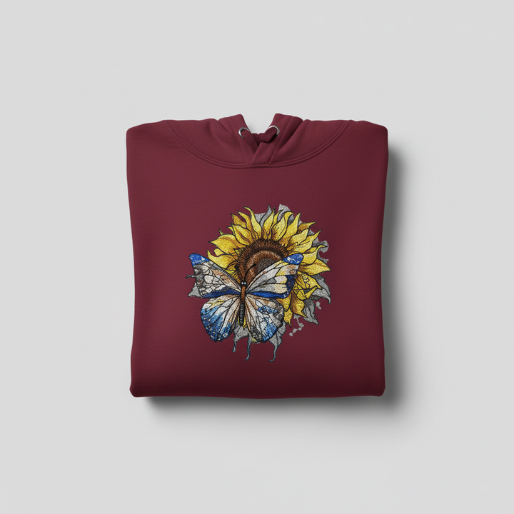 Blue Butterfly &amp; Sunflower — Premium Embroidered Hoodie | Original EmbroMania Design