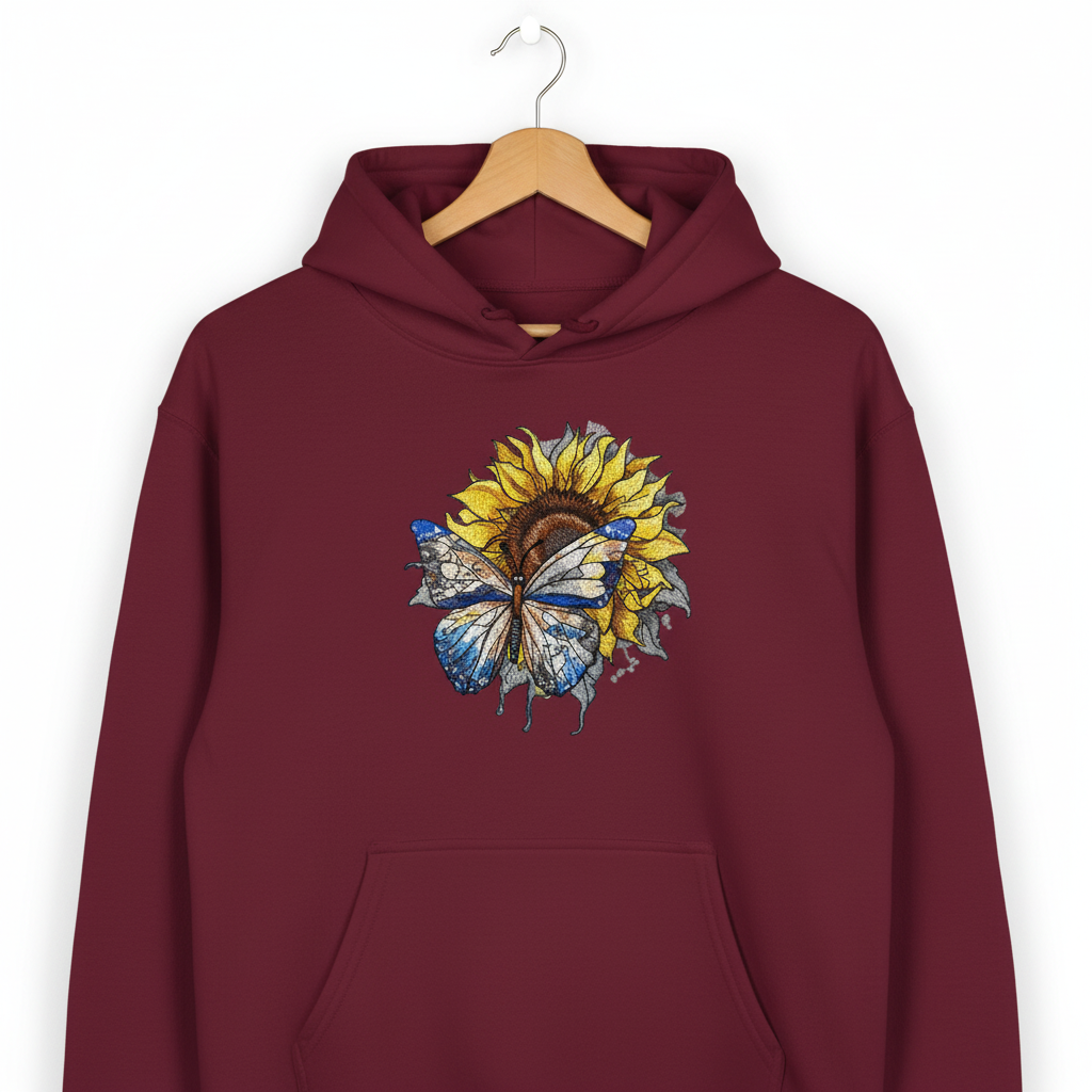 Blue Butterfly &amp; Sunflower — Premium Embroidered Hoodie | Original EmbroMania Design