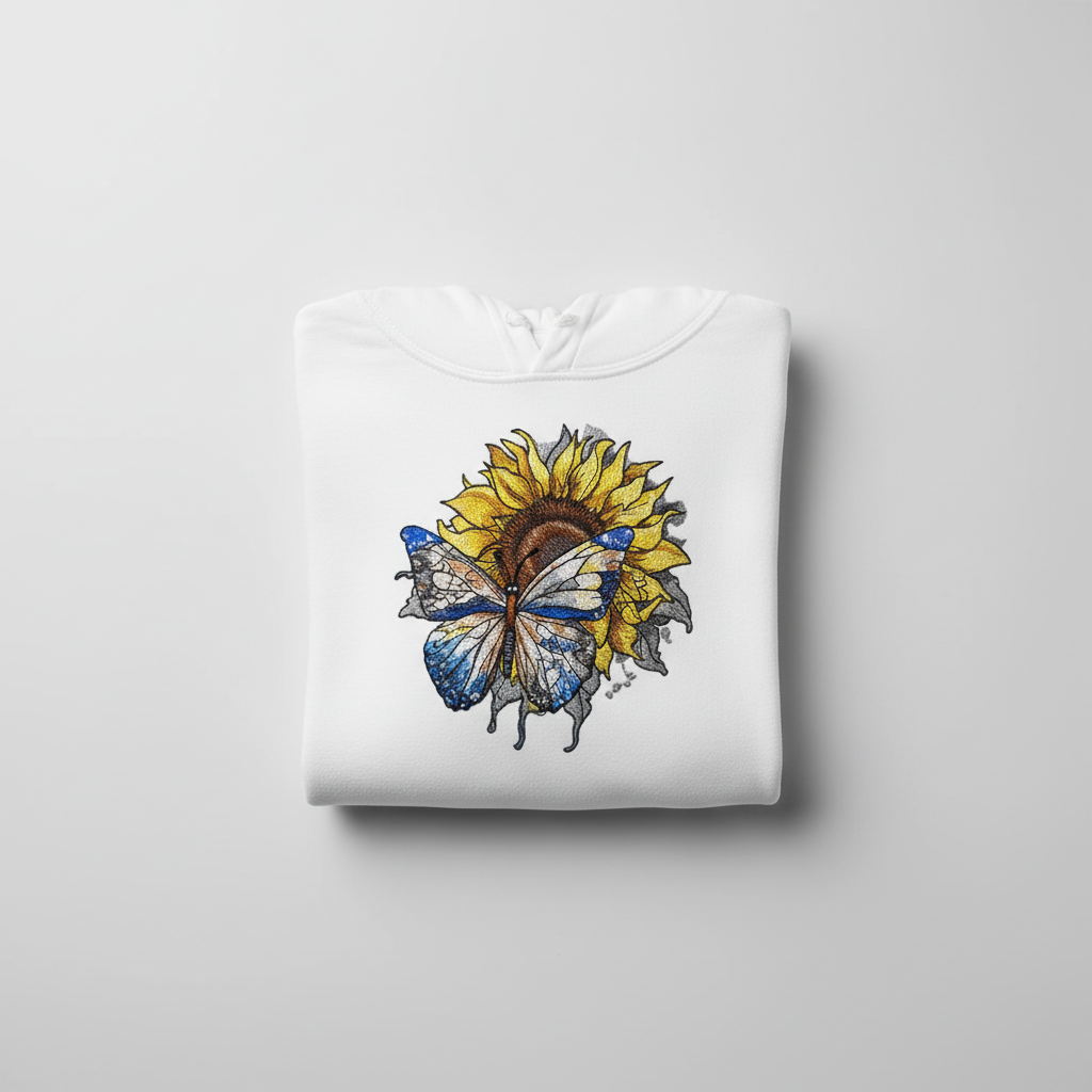 Blue Butterfly &amp; Sunflower — Premium Embroidered Hoodie | Original EmbroMania Design