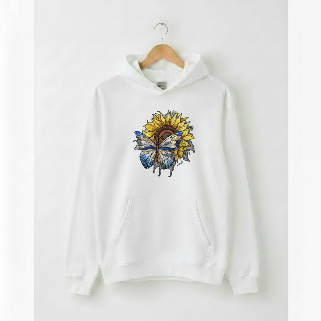Blue Butterfly &amp; Sunflower — Premium Embroidered Hoodie | Original EmbroMania Design