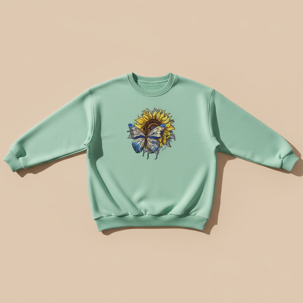 Radiant Nature Blue Butterfly Sunflower — Premium Embroidered Sweatshirt | Original EmbroMania Design