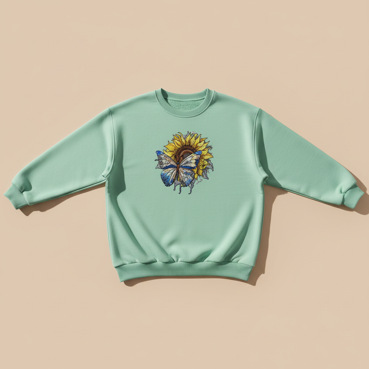 Radiant Nature Blue Butterfly Sunflower — Premium Embroidered Sweatshirt | Original EmbroMania Design