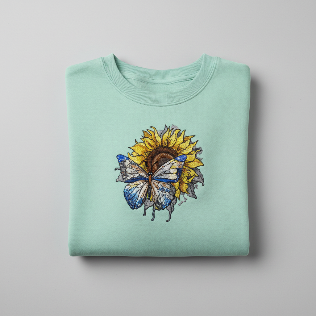 Radiant Nature Blue Butterfly Sunflower — Premium Embroidered Sweatshirt | Original EmbroMania Design