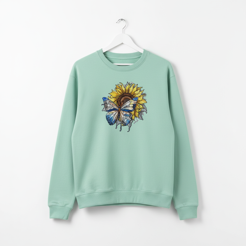Radiant Nature Blue Butterfly Sunflower — Premium Embroidered Sweatshirt | Original EmbroMania Design
