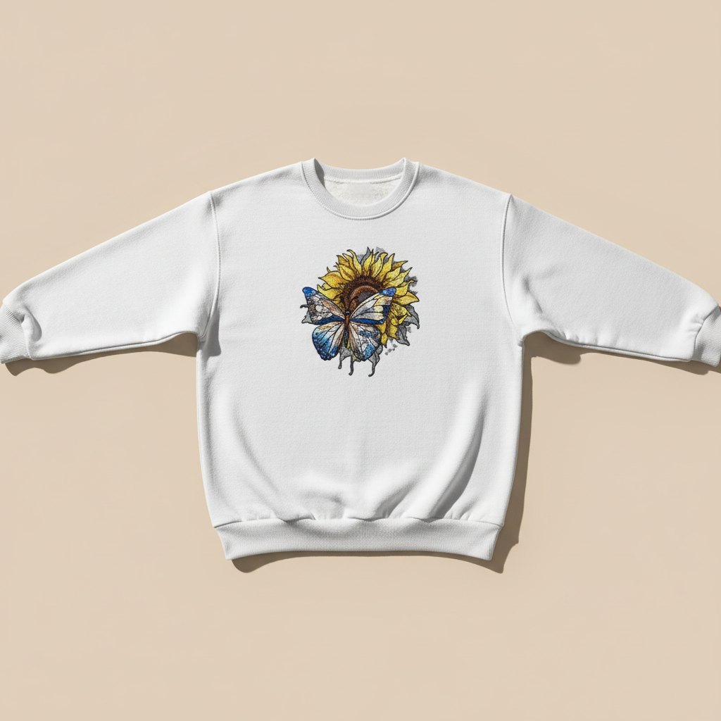 Radiant Nature Blue Butterfly Sunflower — Premium Embroidered Sweatshirt | Original EmbroMania Design
