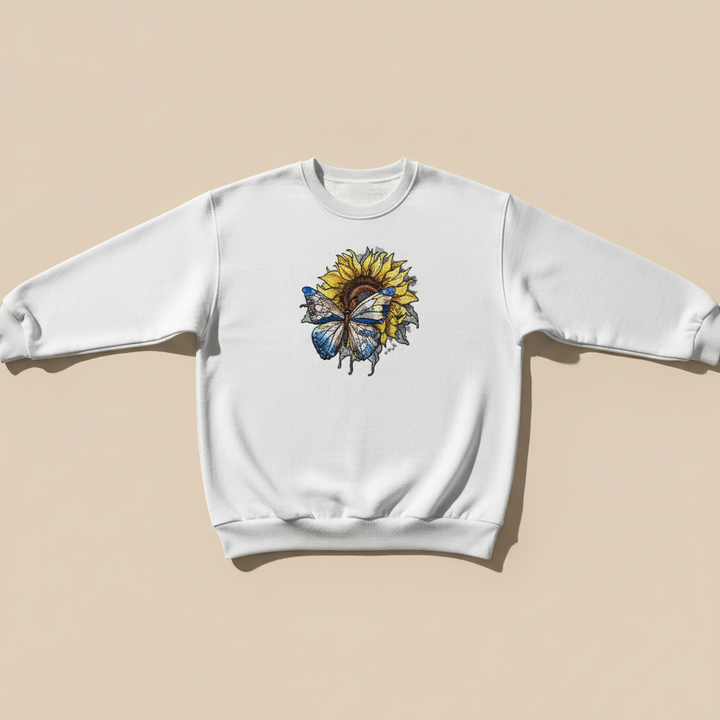 Radiant Nature Blue Butterfly Sunflower — Premium Embroidered Sweatshirt | Original EmbroMania Design