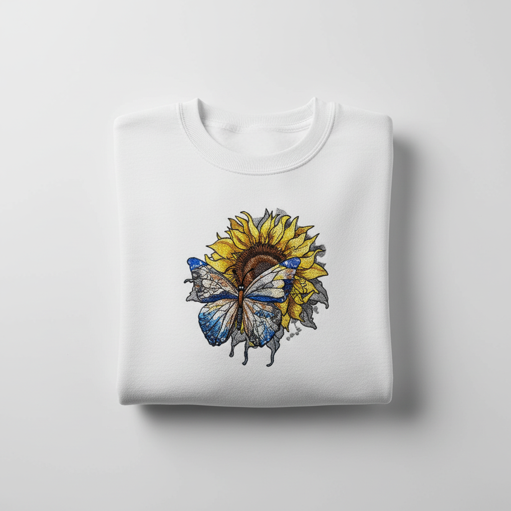 Radiant Nature Blue Butterfly Sunflower — Premium Embroidered Sweatshirt | Original EmbroMania Design