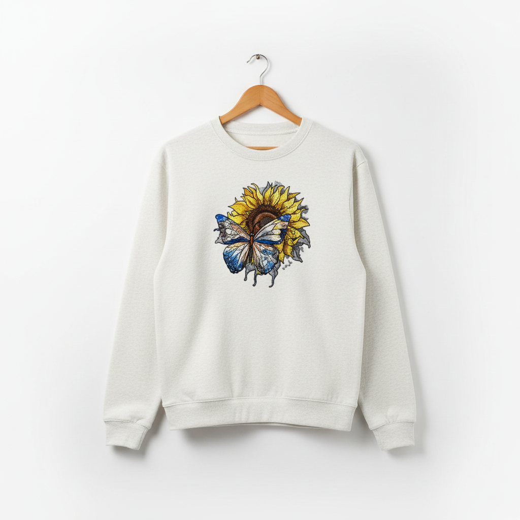 Radiant Nature Blue Butterfly Sunflower — Premium Embroidered Sweatshirt | Original EmbroMania Design