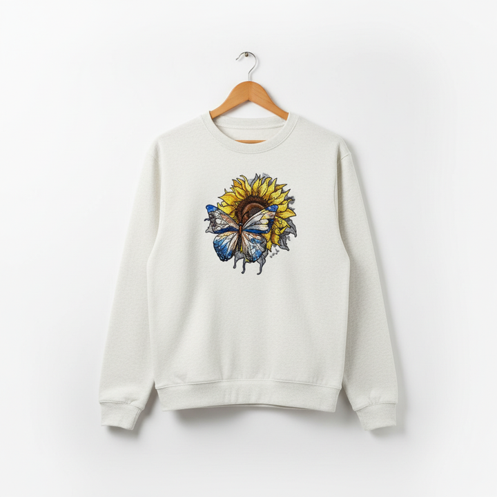 Radiant Nature Blue Butterfly Sunflower — Premium Embroidered Sweatshirt | Original EmbroMania Design