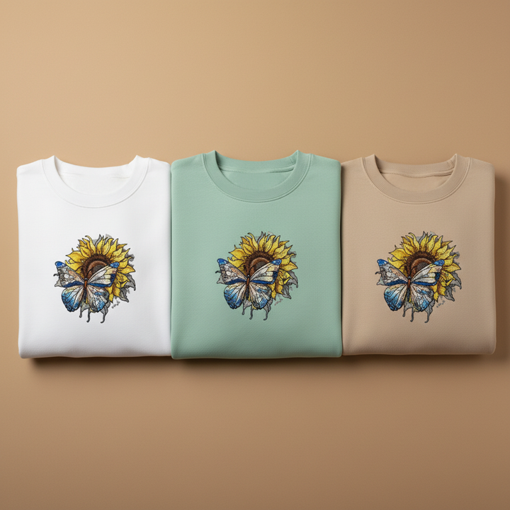 Radiant Nature Blue Butterfly Sunflower — Premium Embroidered Sweatshirt | Original EmbroMania Design
