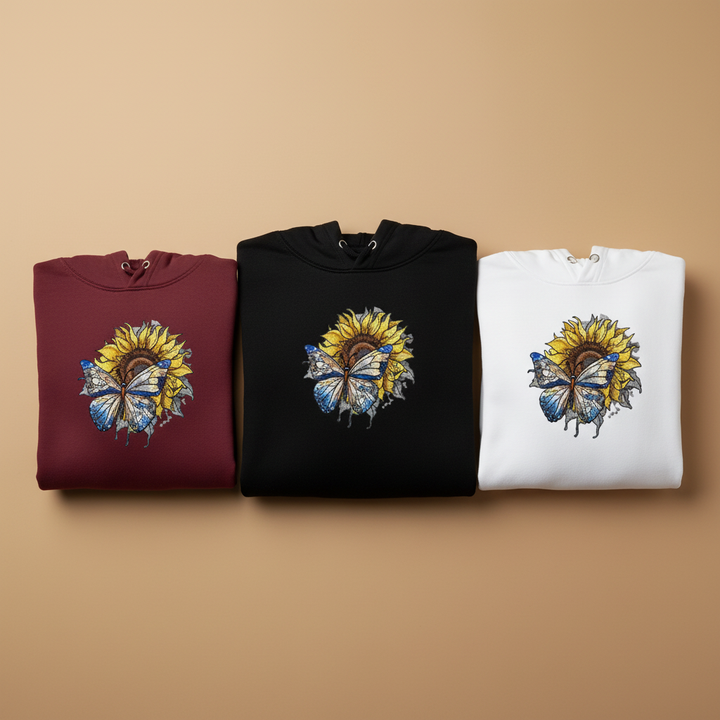 Blue Butterfly &amp; Sunflower — Premium Embroidered Hoodie | Original EmbroMania Design