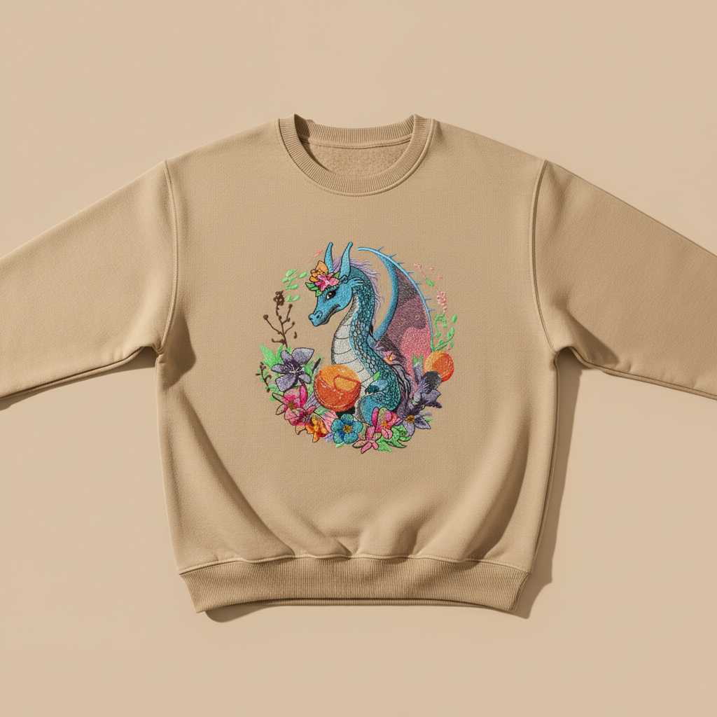 Midnight Garden Dragon — Premium Embroidered Sweatshirt | Original EmbroMania Design