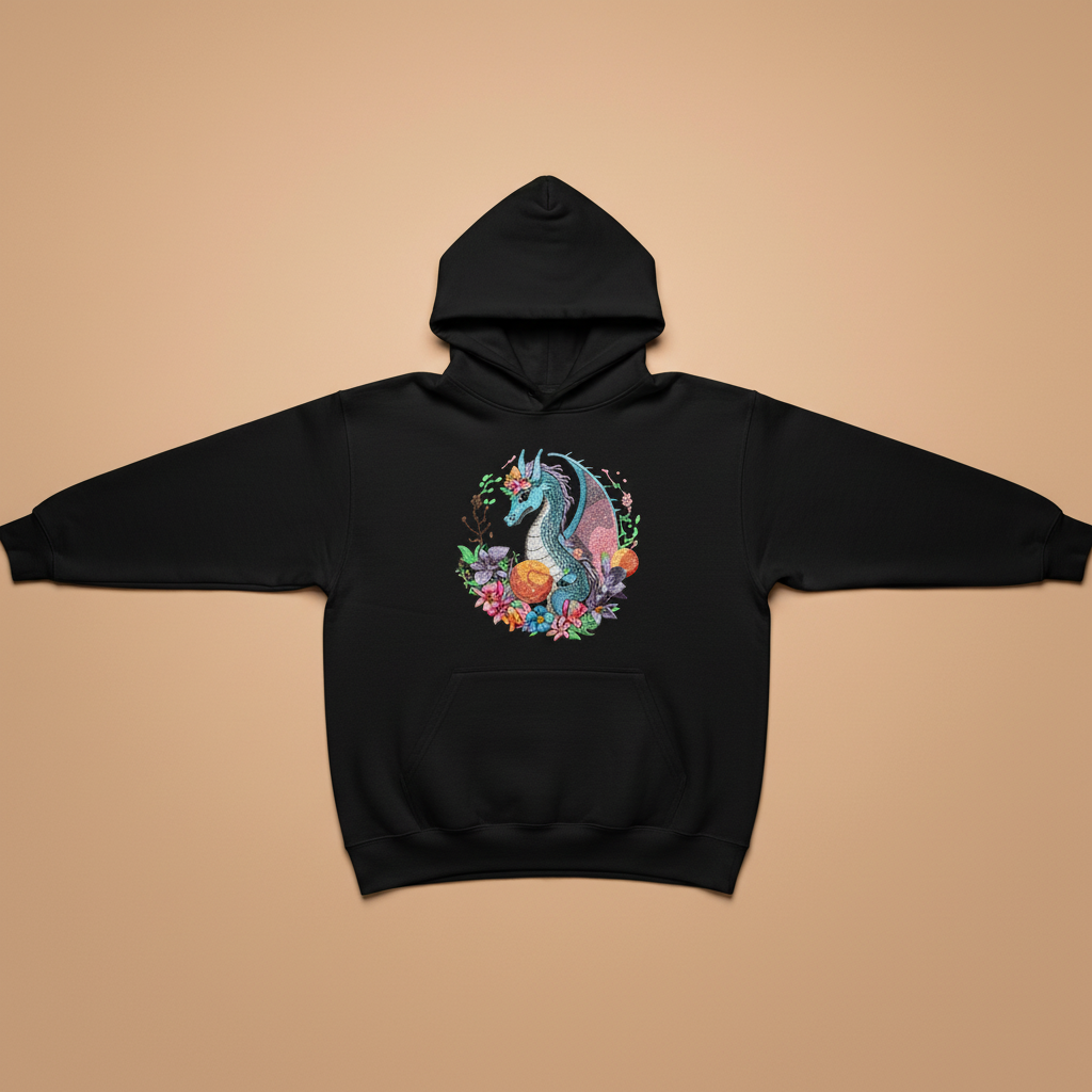Blue Dragon &amp; Floral — Premium Embroidered Hoodie | Original EmbroMania Design