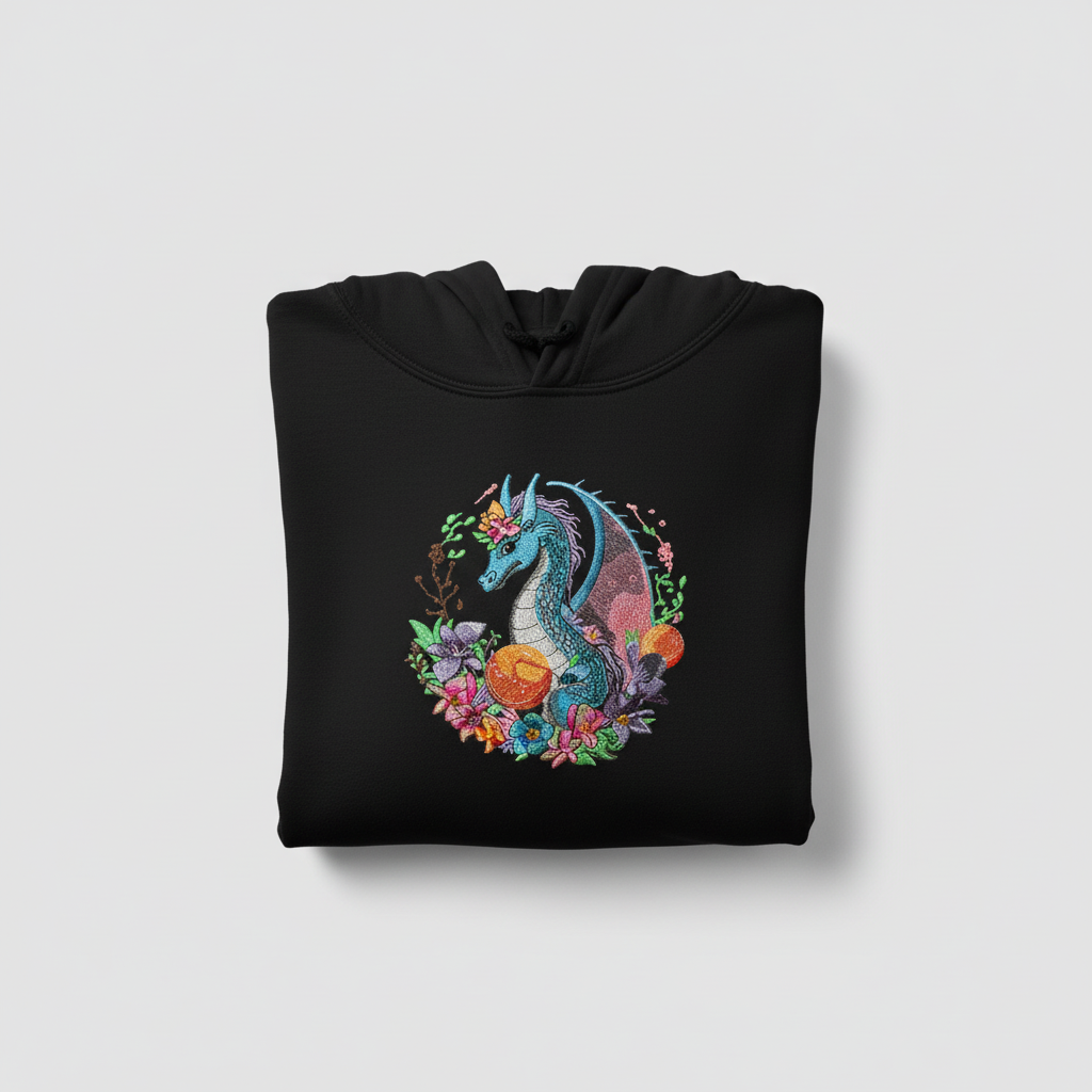 Blue Dragon &amp; Floral — Premium Embroidered Hoodie | Original EmbroMania Design