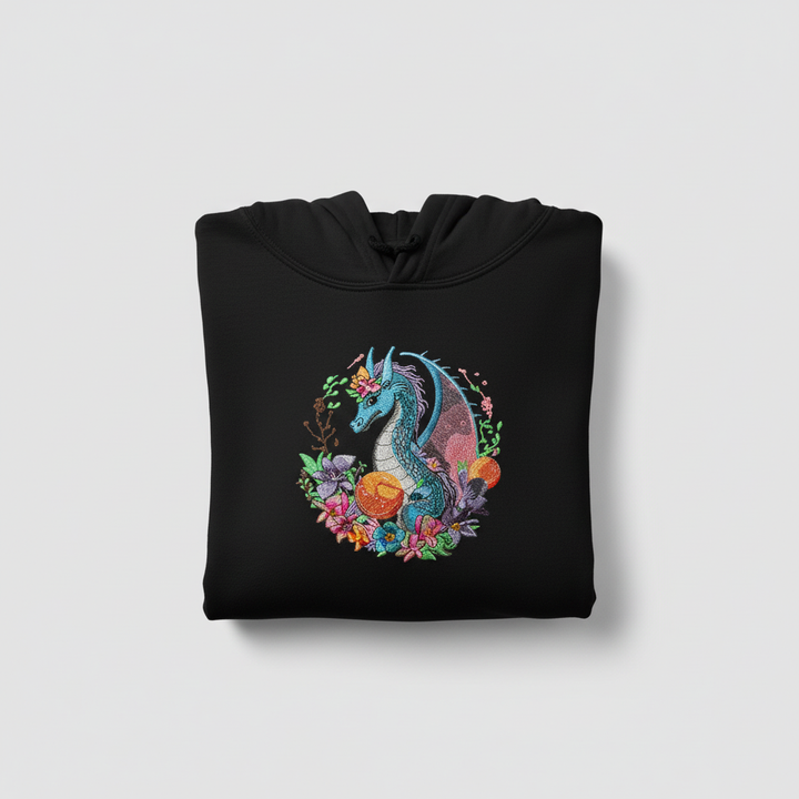 Blue Dragon &amp; Floral — Premium Embroidered Hoodie | Original EmbroMania Design