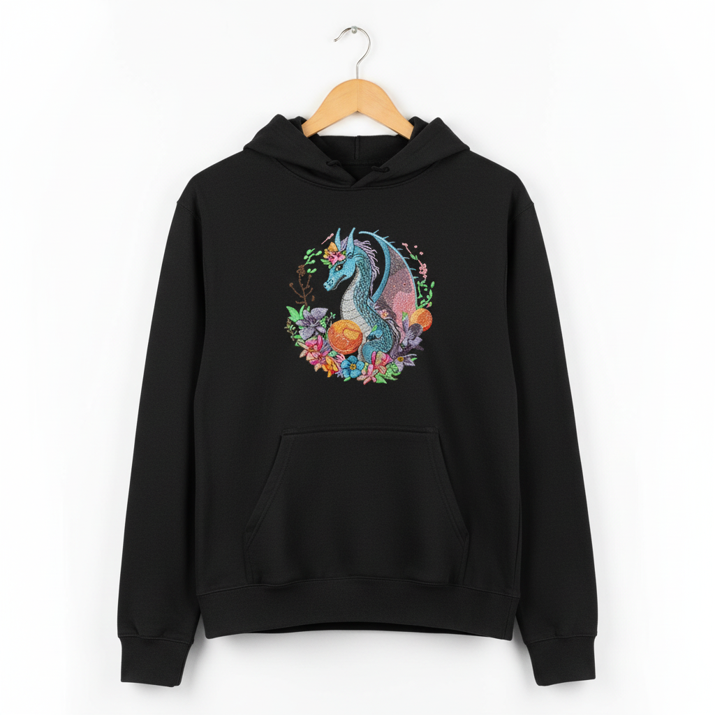 Blue Dragon &amp; Floral — Premium Embroidered Hoodie | Original EmbroMania Design