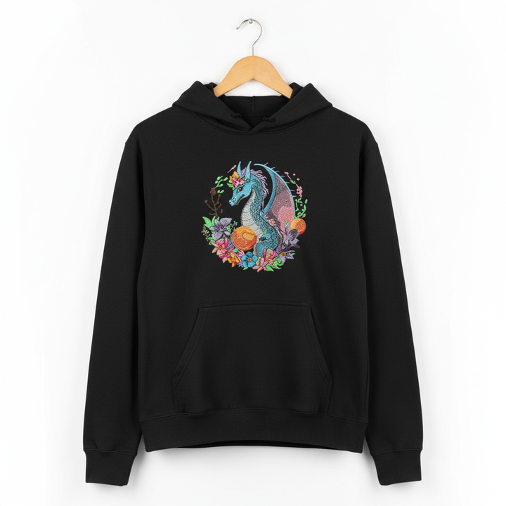 Blue Dragon &amp; Floral — Premium Embroidered Hoodie | Original EmbroMania Design