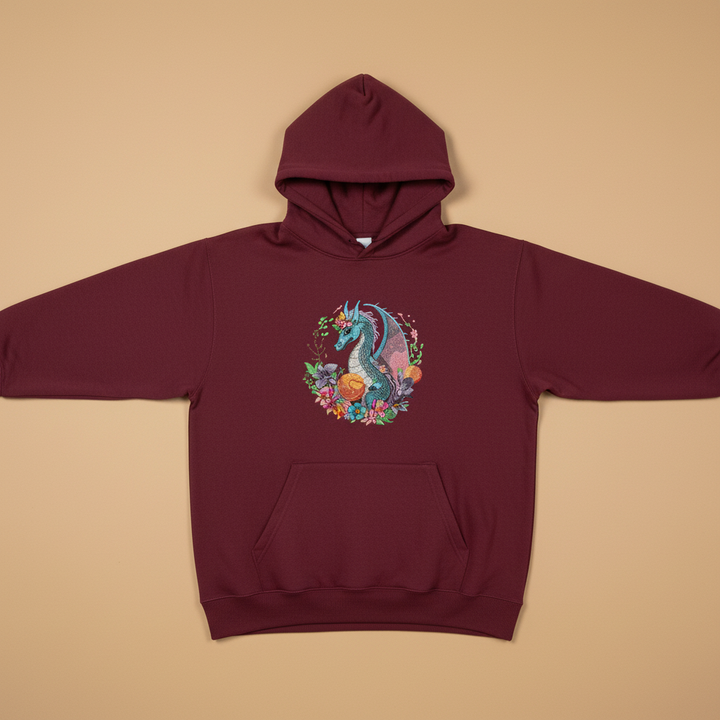 Blue Dragon &amp; Floral — Premium Embroidered Hoodie | Original EmbroMania Design