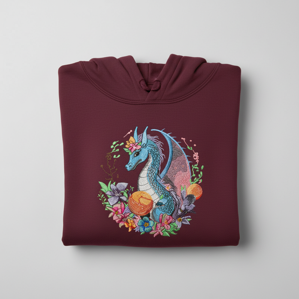 Blue Dragon &amp; Floral — Premium Embroidered Hoodie | Original EmbroMania Design
